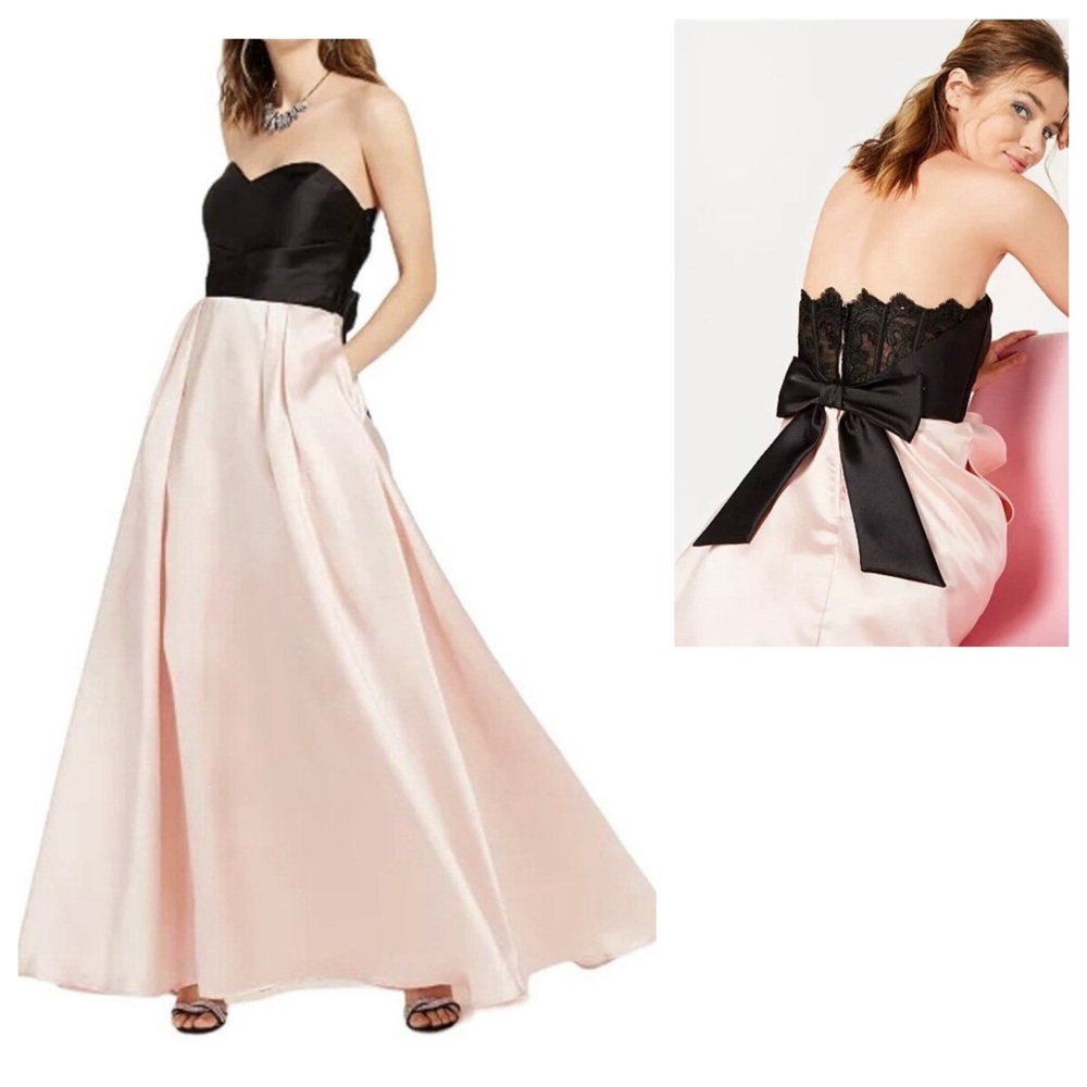 TEEZE ME Bow Back Peach Gown Strapless Formal Maxi Retro Romantic Prom Dress